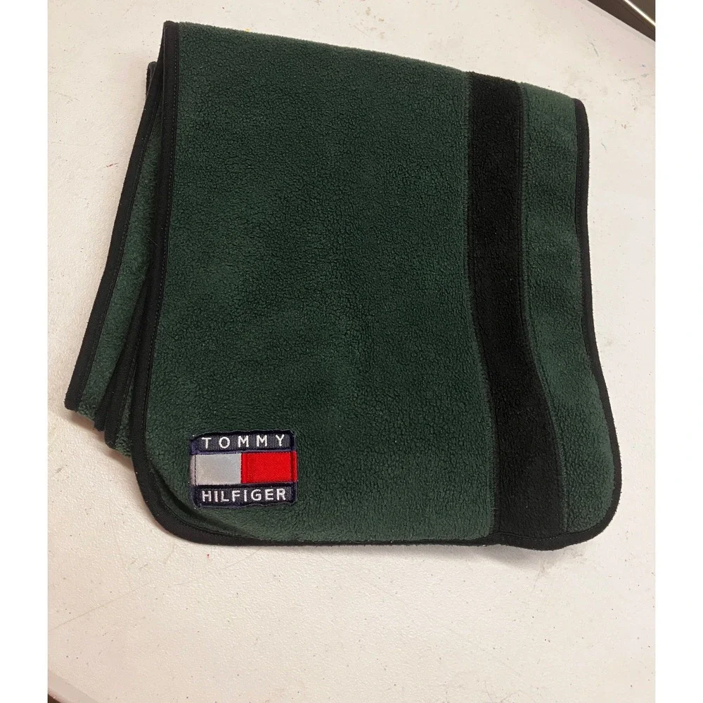 Vintage Tommy Hilfiger Fleece Scarf Green Black Stripe Embroidered Flag Logo